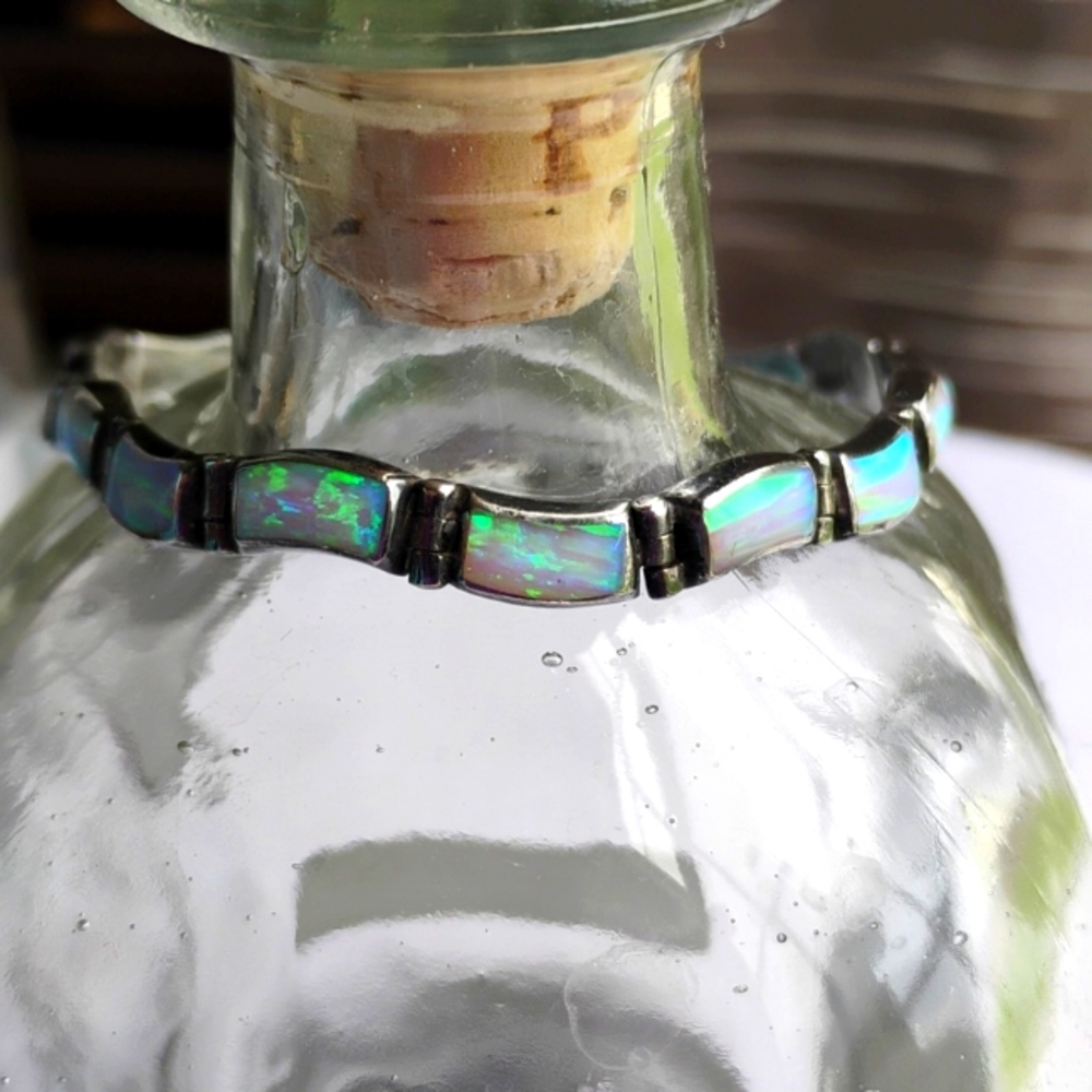 White Fire Opal Platinum Tennis Bracelet Marked 950 mix  7" BgJ